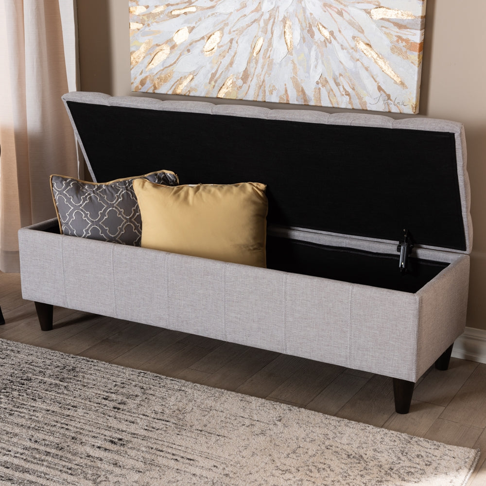 Baxton Studio Brette Mid-Century Modern Grayish Beige Fabric Upholstered Dark Brown Finished Wood Storage Bench Ottoman