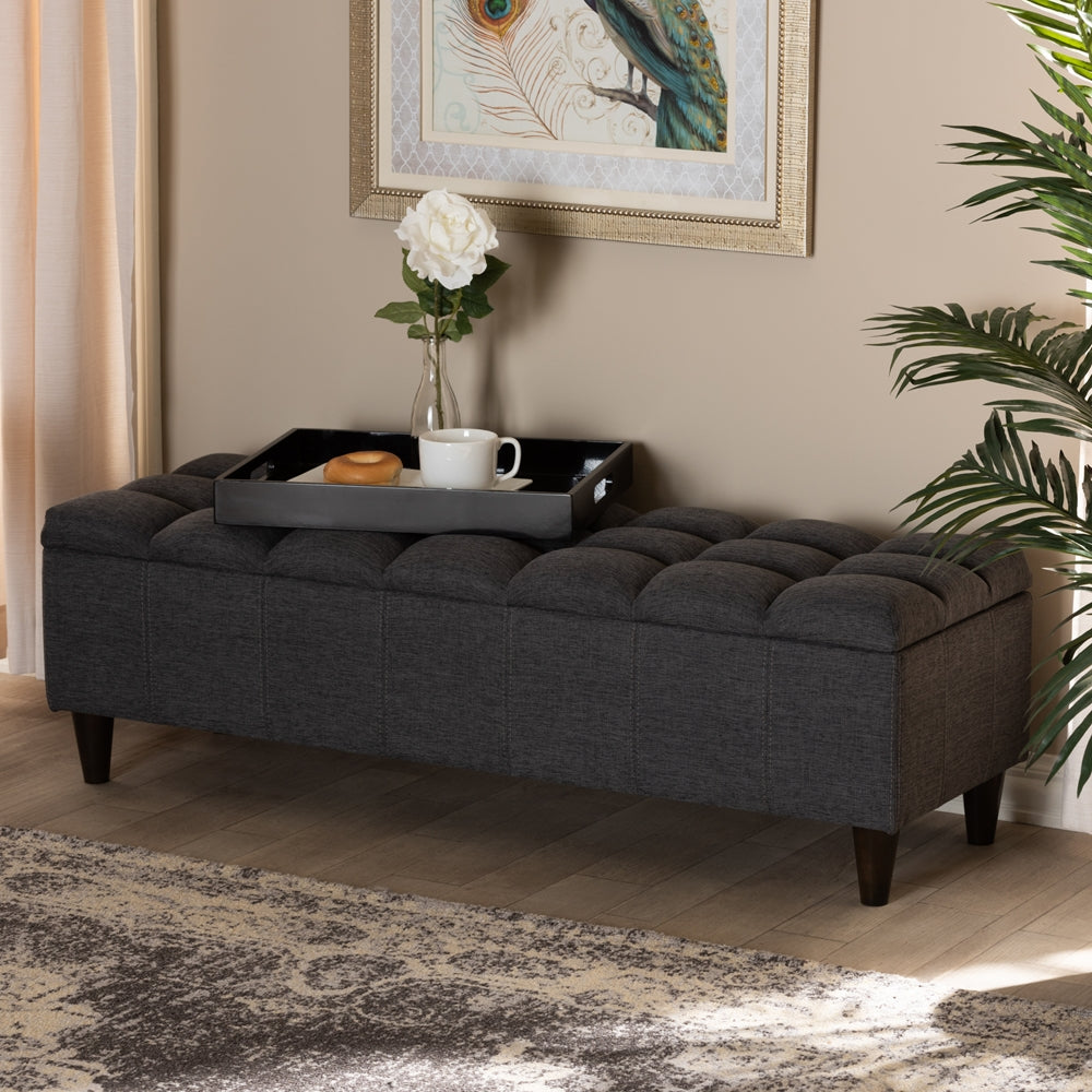 BAXTON STUDIO BRETTE MID-CENTURY MODERN CHARCOAL FABRIC UPHOLSTERED DARK BROWN FINISHED WOOD STORAGE BENCH OTTOMAN