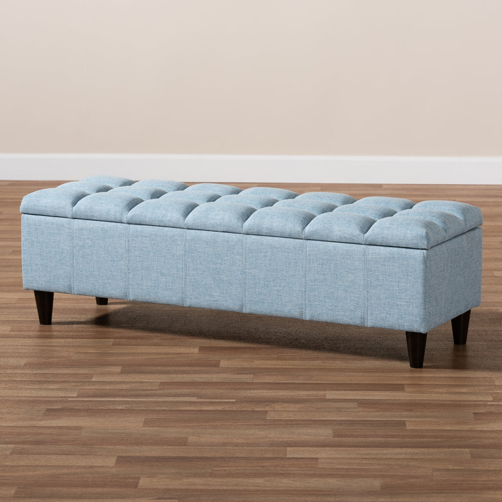 Baxton Studio Brette Mid-Century Modern Light Blue Fabric Upholstered Dark Brown Finished Wood Storage Bench Ottoman