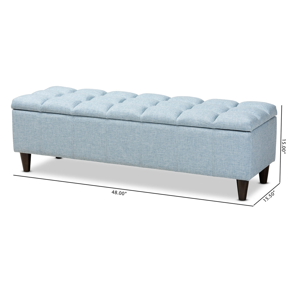 Baxton Studio Brette Mid-Century Modern Light Blue Fabric Upholstered Dark Brown Finished Wood Storage Bench Ottoman