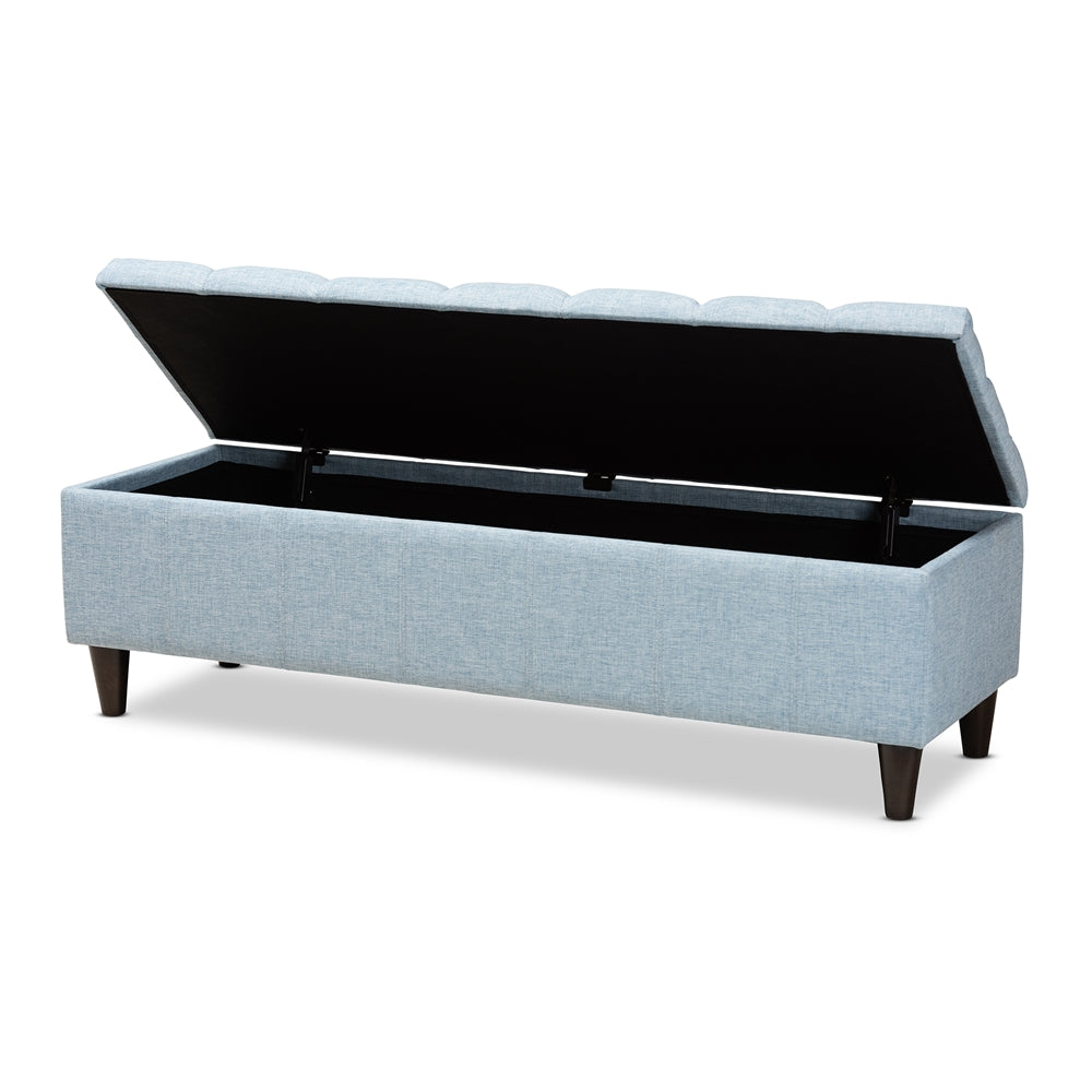 Baxton Studio Brette Mid-Century Modern Light Blue Fabric Upholstered Dark Brown Finished Wood Storage Bench Ottoman