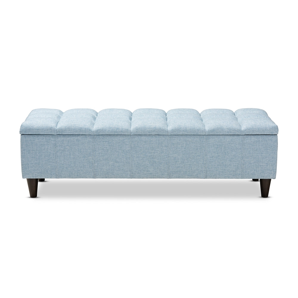 Baxton Studio Brette Mid-Century Modern Light Blue Fabric Upholstered Dark Brown Finished Wood Storage Bench Ottoman