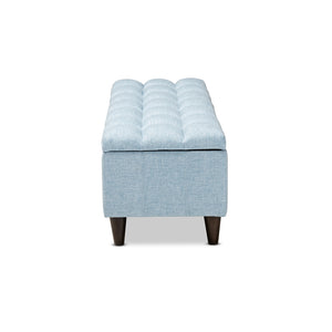 Baxton Studio Brette Mid-Century Modern Light Blue Fabric Upholstered Dark Brown Finished Wood Storage Bench Ottoman