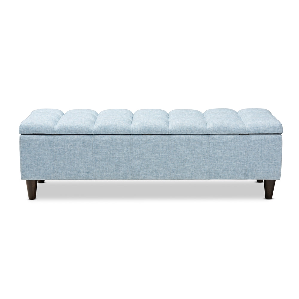 Baxton Studio Brette Mid-Century Modern Light Blue Fabric Upholstered Dark Brown Finished Wood Storage Bench Ottoman