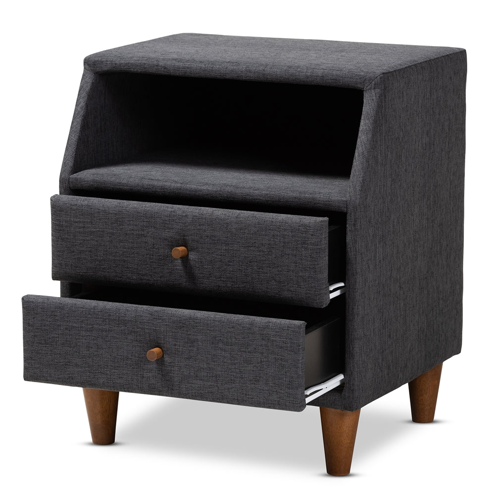 Baxton Studio Claverie Mid-Century Modern Charcoal Fabric Upholstered 2-Drawer Wood Nightstand