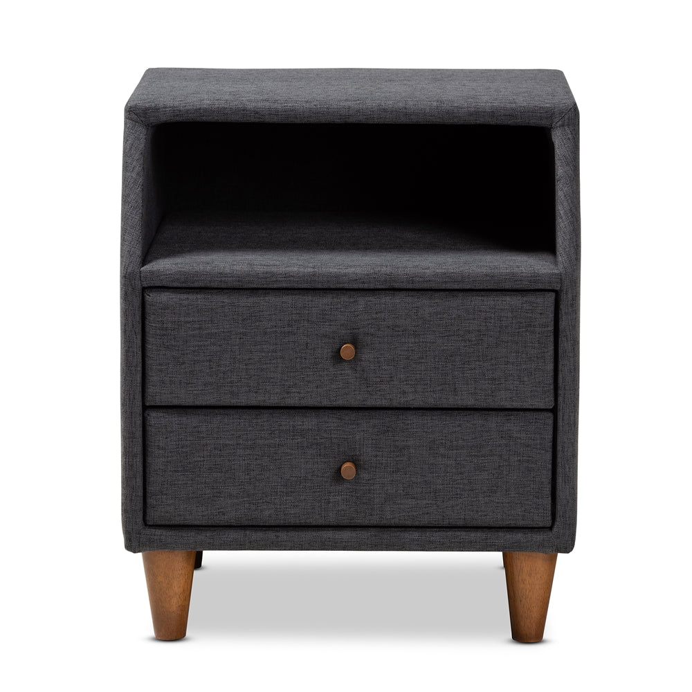 Baxton Studio Claverie Mid-Century Modern Charcoal Fabric Upholstered 2-Drawer Wood Nightstand