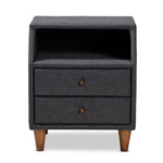 Load image into Gallery viewer, Baxton Studio Claverie Mid-Century Modern Charcoal Fabric Upholstered 2-Drawer Wood Nightstand
