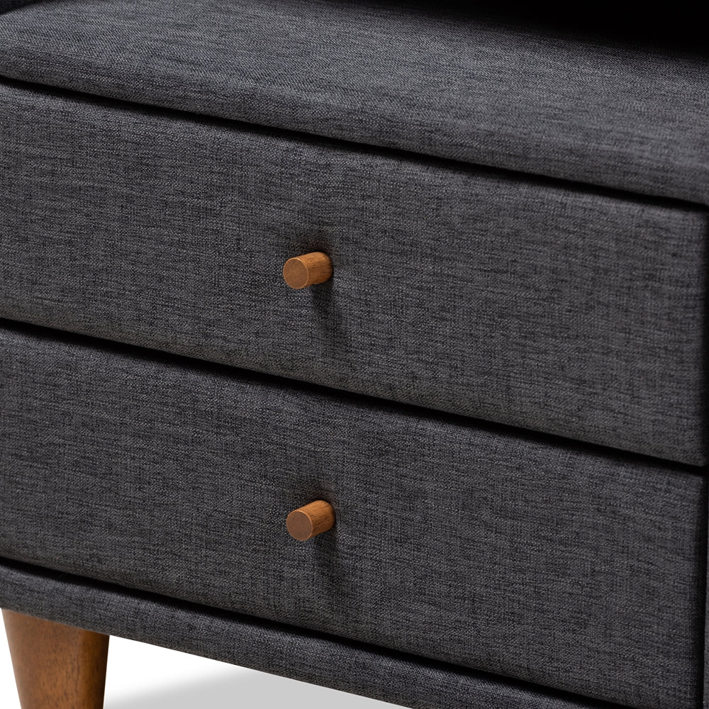 Baxton Studio Claverie Mid-Century Modern Charcoal Fabric Upholstered 2-Drawer Wood Nightstand