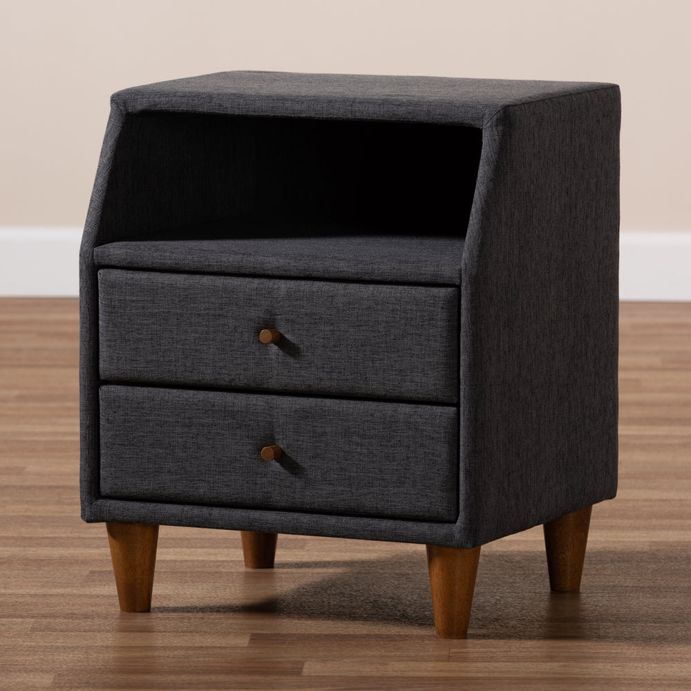 Baxton Studio Claverie Mid-Century Modern Charcoal Fabric Upholstered 2-Drawer Wood Nightstand