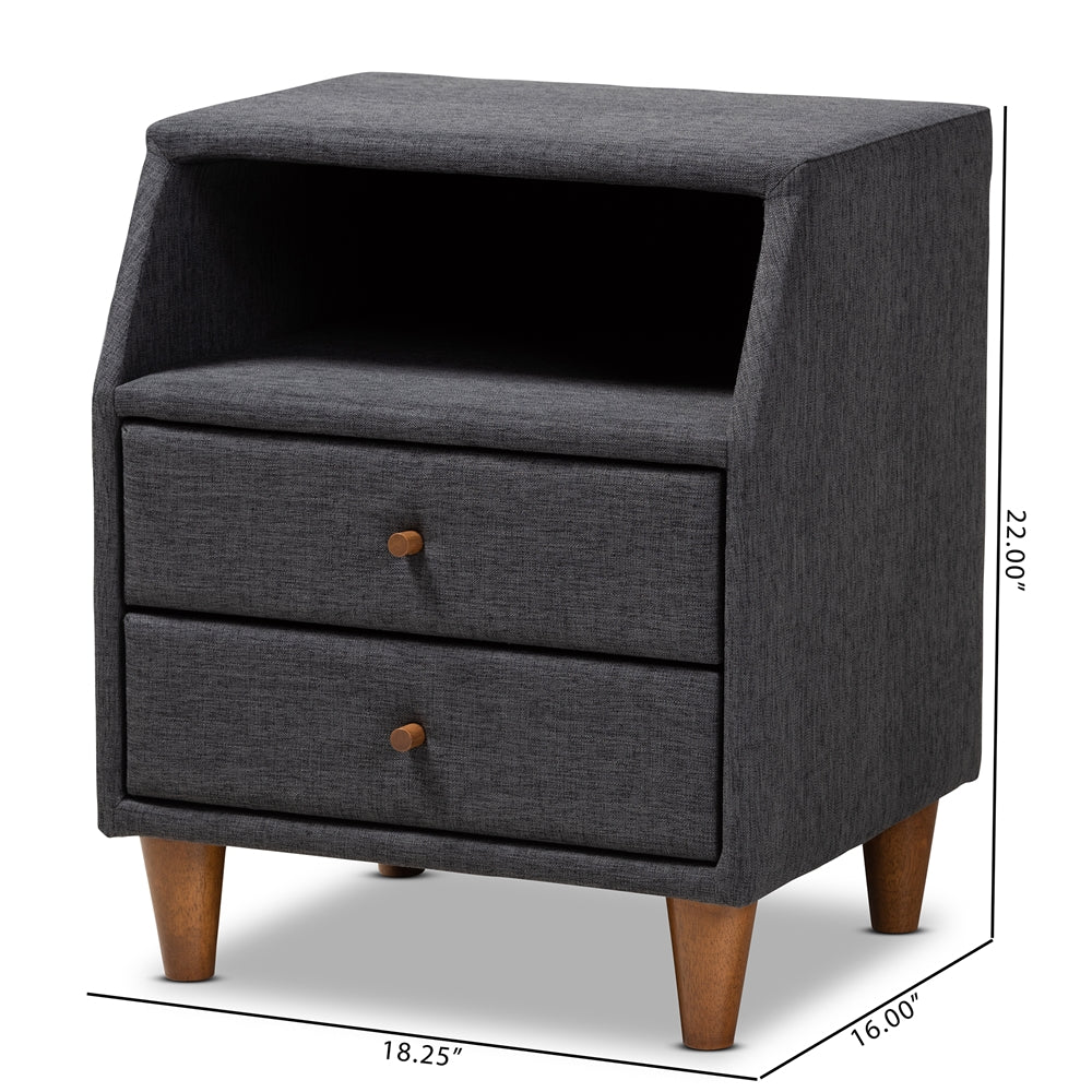 Baxton Studio Claverie Mid-Century Modern Charcoal Fabric Upholstered 2-Drawer Wood Nightstand