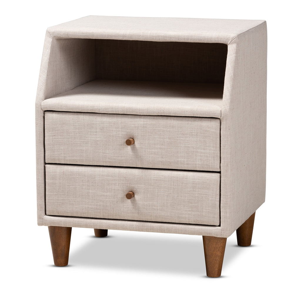 Baxton Studio Claverie Mid-Century Modern Fabric Upholstered 2-Drawer Wood Nightstand