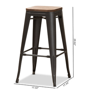 Baxton Studio Henri Vintage Rustic Industrial Style Tolix-Inspired Bamboo And Gun Metal-Finished Steel Stackable Bar Stool Set Of 2