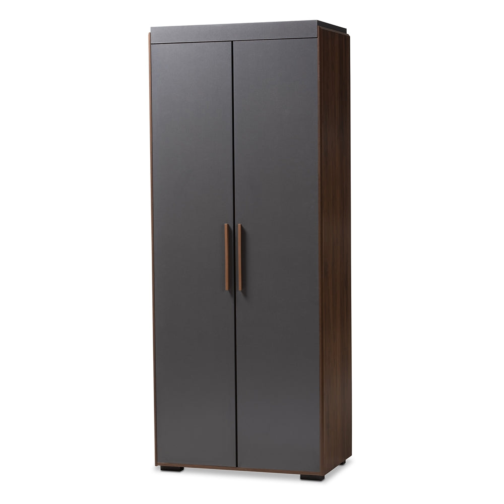 Baxton Studio Rikke Modern And Contemporary Two-Tone Gray And Walnut Finished Wood 7-Shelf Wardrobe Storage Cabinet