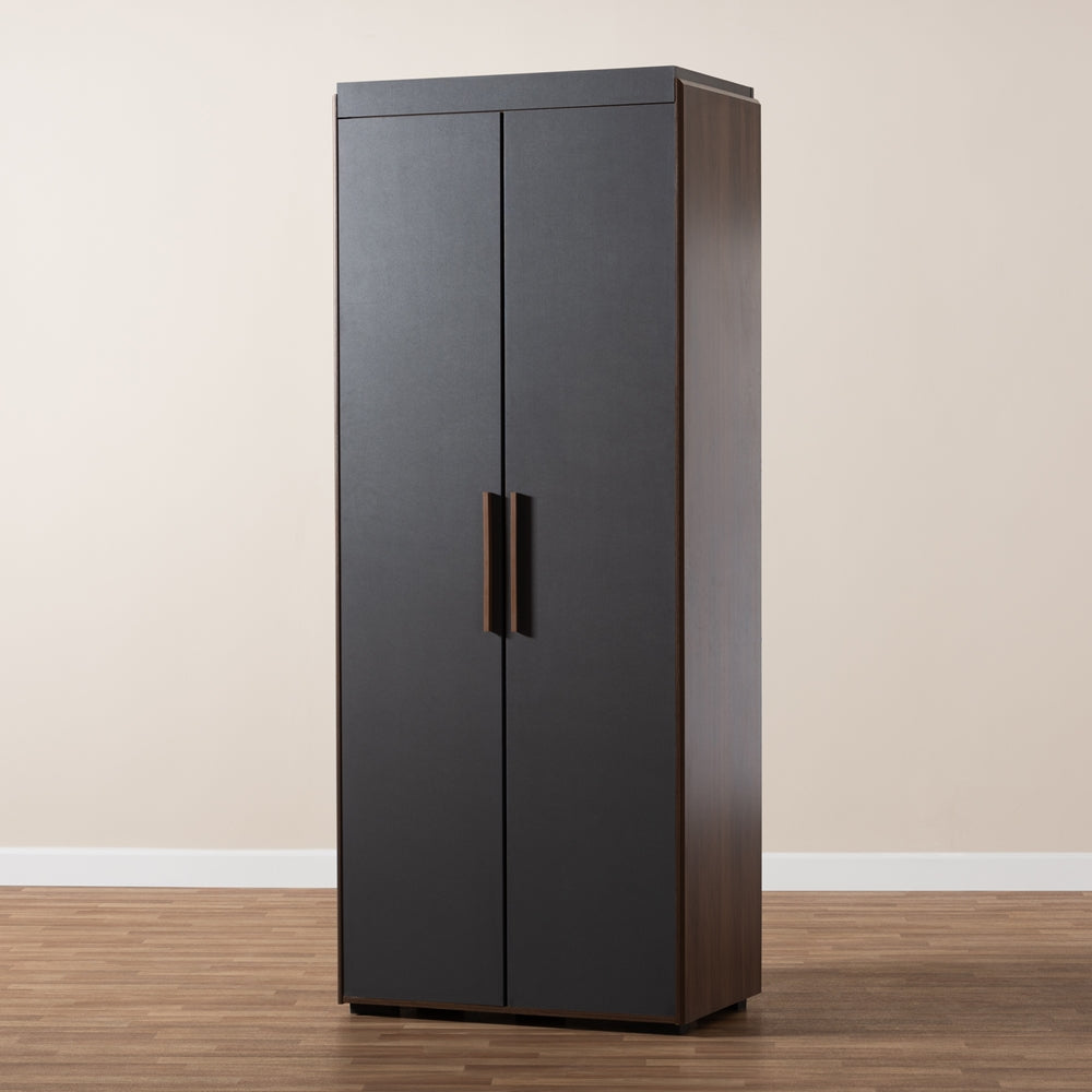 Baxton Studio Rikke Modern And Contemporary Two-Tone Gray And Walnut Finished Wood 7-Shelf Wardrobe Storage Cabinet