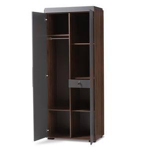 Baxton Studio Rikke Modern And Contemporary Two-Tone Gray And Walnut Finished Wood 7-Shelf Wardrobe Storage Cabinet