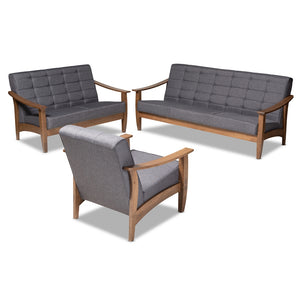 Baxton Studio Larsen Mid-Century Modern Fabric Upholstered Wood 3-Piece Living Room Set