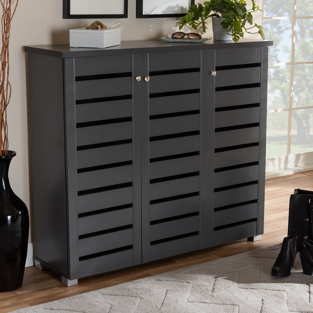 BAXTON STUDIO ADALWIN MODERN AND CONTEMPORARY DARK GRAY 3-DOOR WOODEN ENTRYWAY SHOE STORAGE CABINET