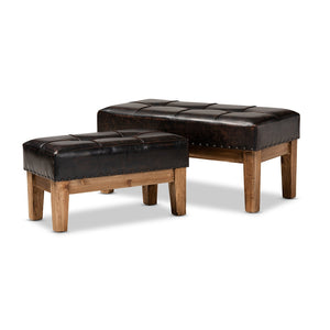 Baxton Studio Lenza Rustic Faux Leather Upholstered 2-Piece Wood Ottoman Set