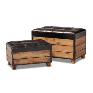 Baxton Studio Marelli Rustic Faux Leather Upholstered 2-Piece Wood Storage Trunk Ottoman Set