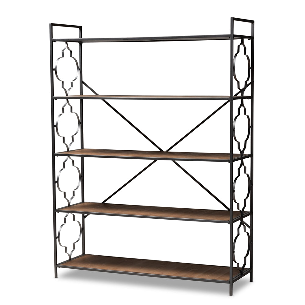 Baxton Studio Mirna Industrial Black Iron Metal and Wood 5-Shelf Quatrefoil Accent Bookcase