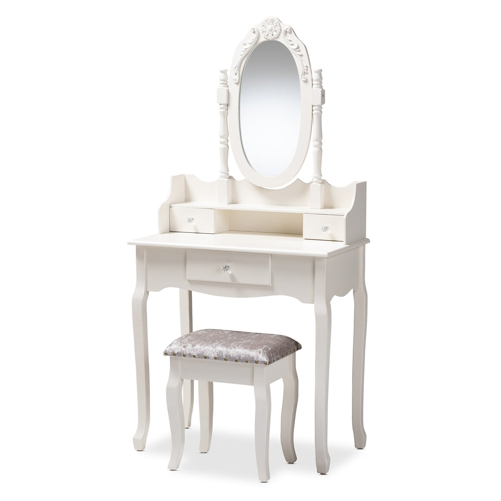 Baxton Studio Veronique Traditional French Provincial Finished Wood 2-Piece Vanity Table with Mirror and Ottoman