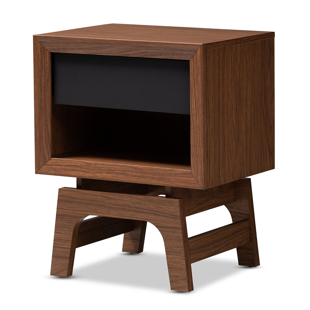 Baxton Studio Svante Mid-Century Modern Walnut Brown And Dark Gray Finished Wood 1-Drawer Nightstand