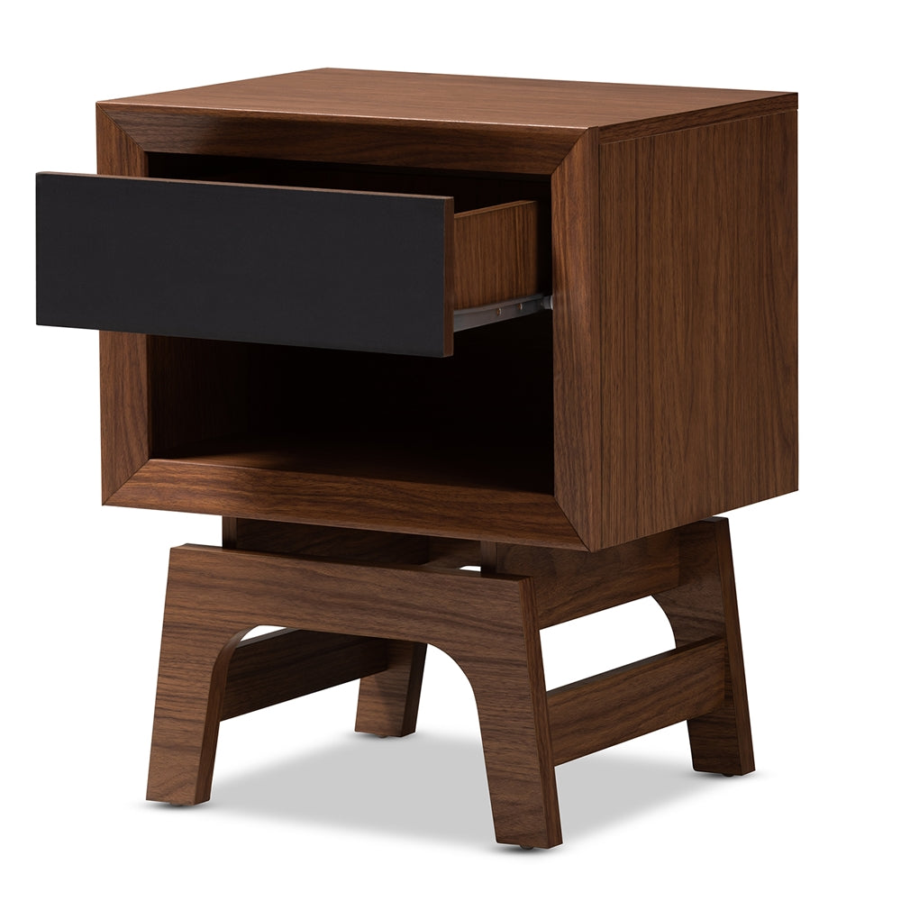 Baxton Studio Svante Mid-Century Modern Walnut Brown And Dark Gray Finished Wood 1-Drawer Nightstand