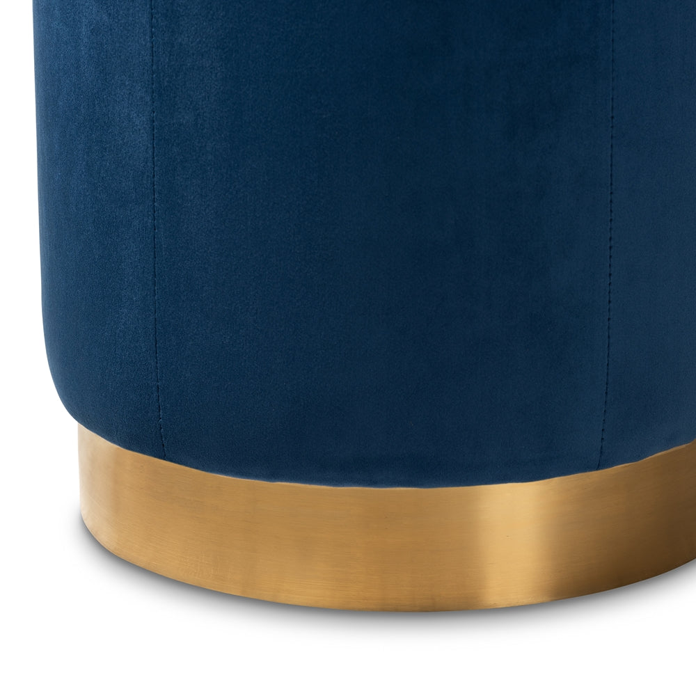 Baxton Studio Alonza Glam Navy Blue Velvet Fabric Upholstered Gold-Finished Ottoman