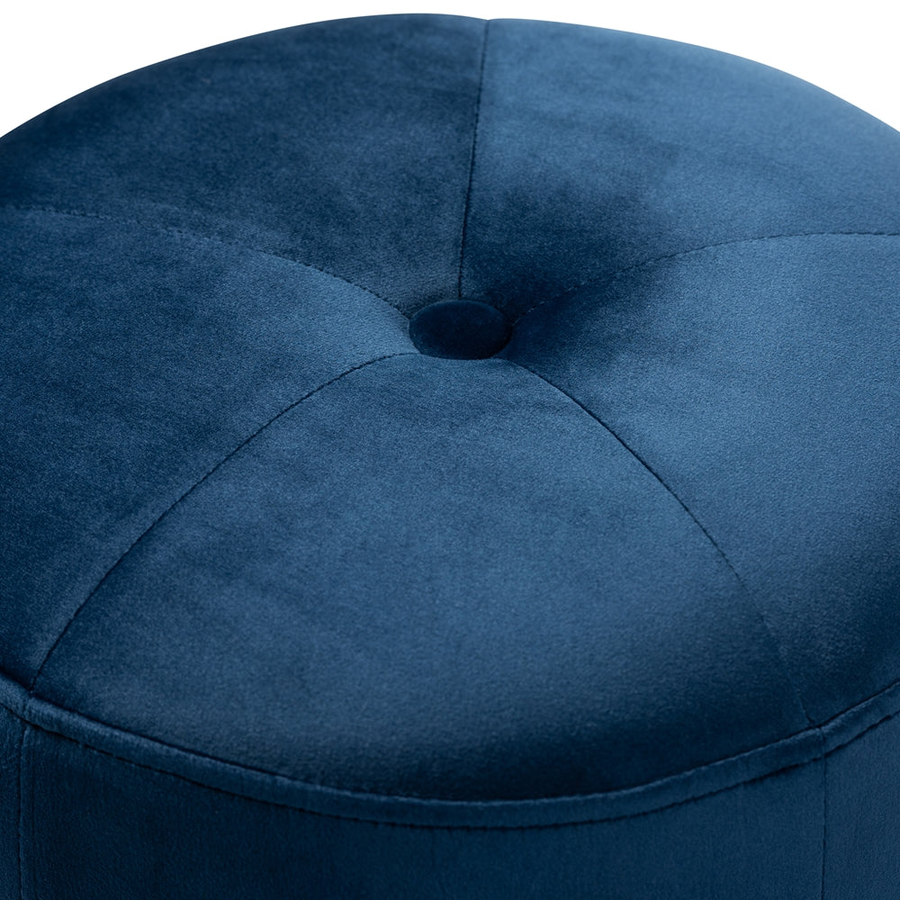 BAXTON STUDIO ALONZA GLAM NAVY BLUE VELVET FABRIC UPHOLSTERED GOLD-FINISHED OTTOMAN