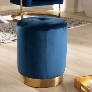 Baxton Studio Alonza Glam Navy Blue Velvet Fabric Upholstered Gold-Finished Ottoman