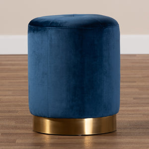 Baxton Studio Alonza Glam Navy Blue Velvet Fabric Upholstered Gold-Finished Ottoman