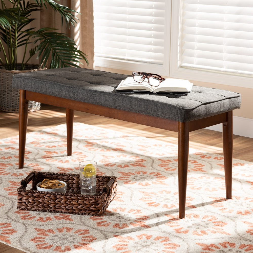 Baxton Studio Itami Mid-Century Modern Dark Grey Fabric Upholstered Medium Oak Finished Wood Dining Bench