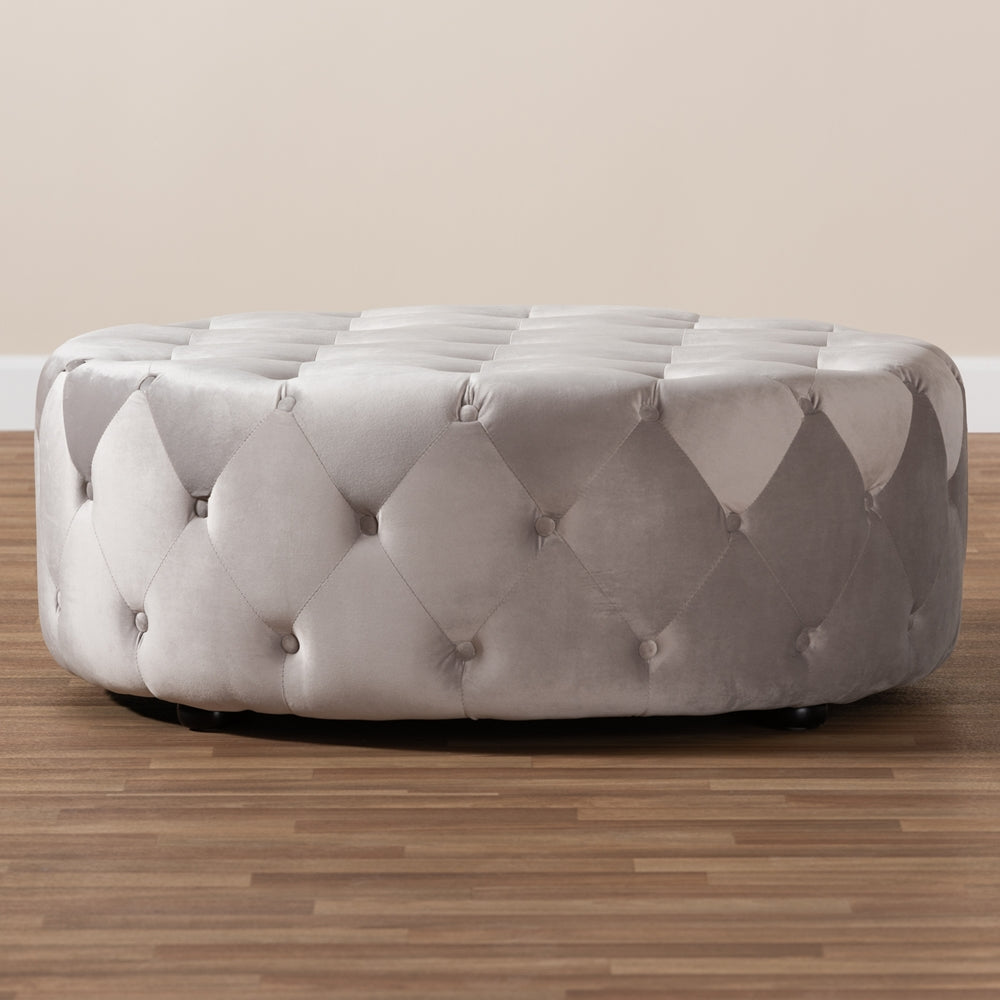 Baxton Studio Cardiff Transitional Grey Velvet Fabric Upholstered Button Tufted Cocktail Ottoman