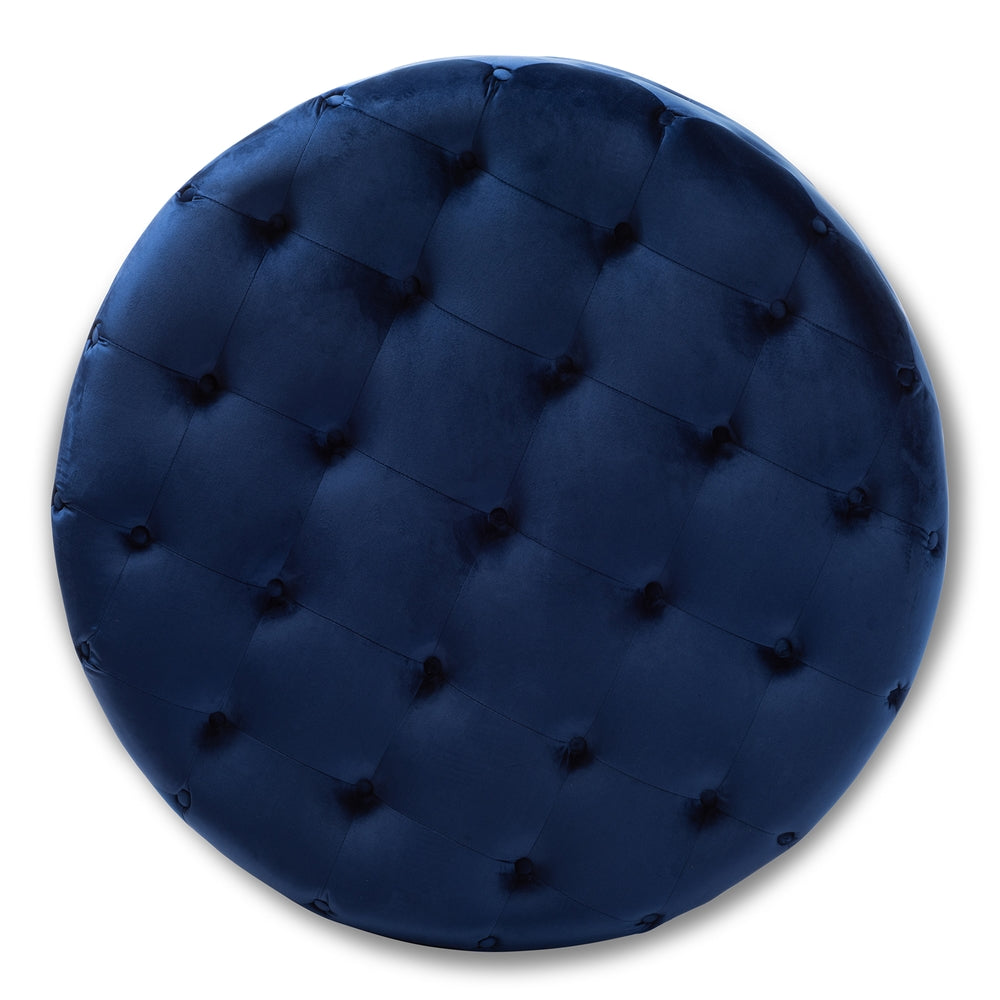 BAXTON STUDIO CARDIFF TRANSITIONAL ROYAL BLUE VELVET FABRIC UPHOLSTERED BUTTON TUFTED COCKTAIL OTTOMAN