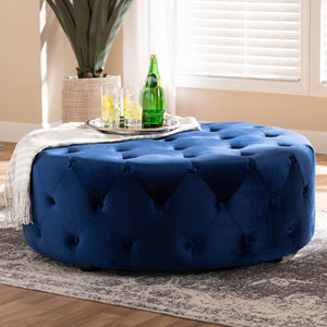 Baxton Studio Cardiff Transitional Royal Blue Velvet Fabric Upholstered Button Tufted Cocktail Ottoman