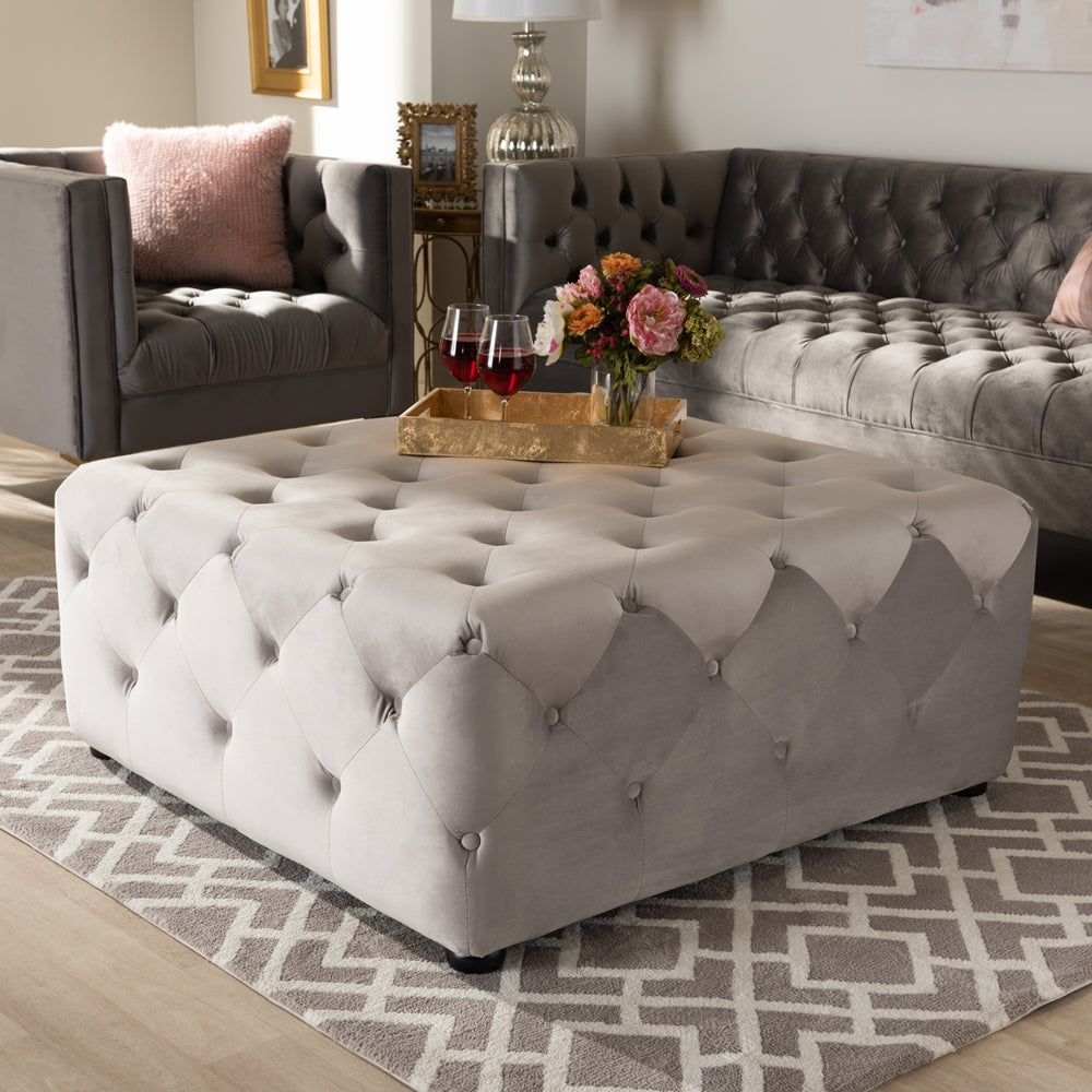 Baxton Studio Calvetti Modern And Contemporary Slate Gray Velvet Fabric Upholstered Button-Tufted Cocktail Ottoman