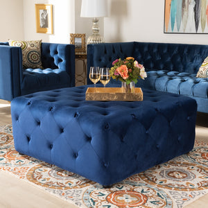 Baxton Studio Calvetti Modern And Contemporary Royal Blue Velvet Fabric Upholstered Button-Tufted Cocktail Ottoman