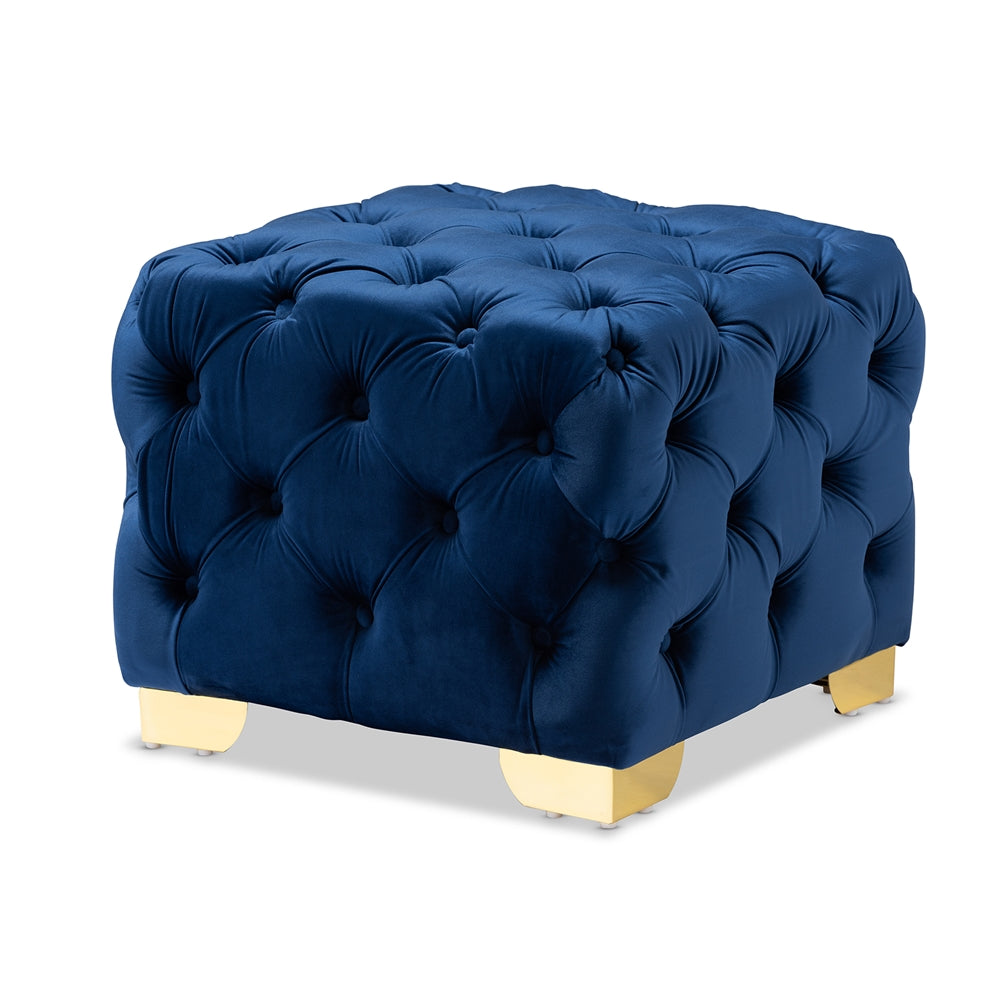 Baxton Studio Avara Glam And Luxe Royal Blue Velvet Fabric Upholstered Gold Finished Button Tufted Ottoman