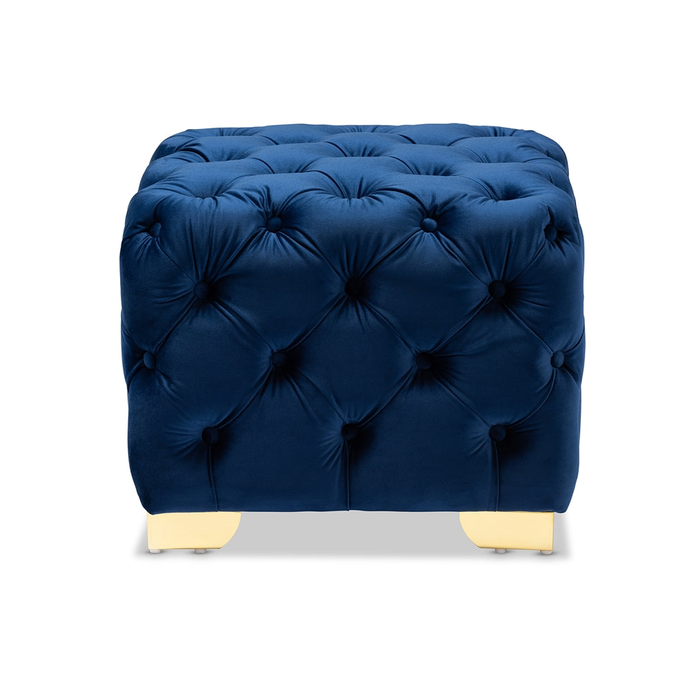 Baxton Studio Avara Glam And Luxe Royal Blue Velvet Fabric Upholstered Gold Finished Button Tufted Ottoman