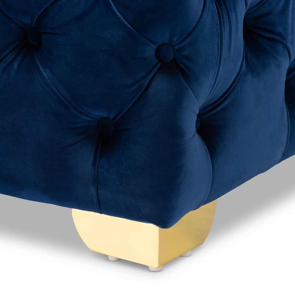 BAXTON STUDIO AVARA GLAM AND LUXE ROYAL BLUE VELVET FABRIC UPHOLSTERED GOLD FINISHED BUTTON TUFTED OTTOMAN