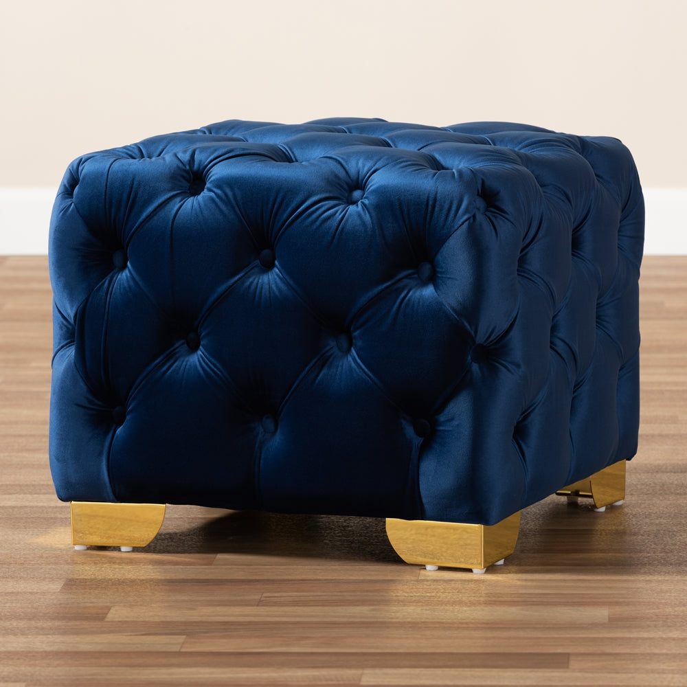 Baxton Studio Avara Glam And Luxe Royal Blue Velvet Fabric Upholstered Gold Finished Button Tufted Ottoman