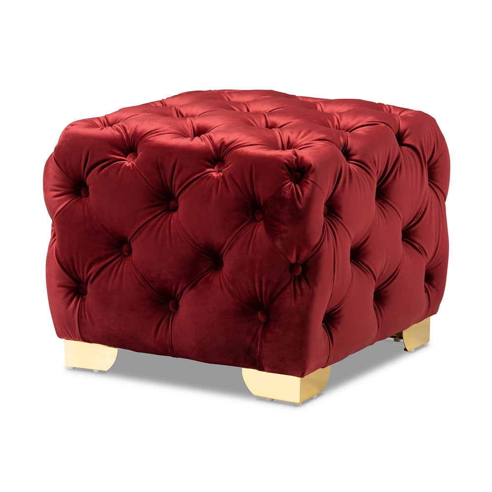 Baxton Studio Avara Glam and Luxe Velvet Fabric Upholstered Gold Finished Button Tufted Ottoman