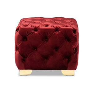 Baxton Studio Avara Glam and Luxe Velvet Fabric Upholstered Gold Finished Button Tufted Ottoman