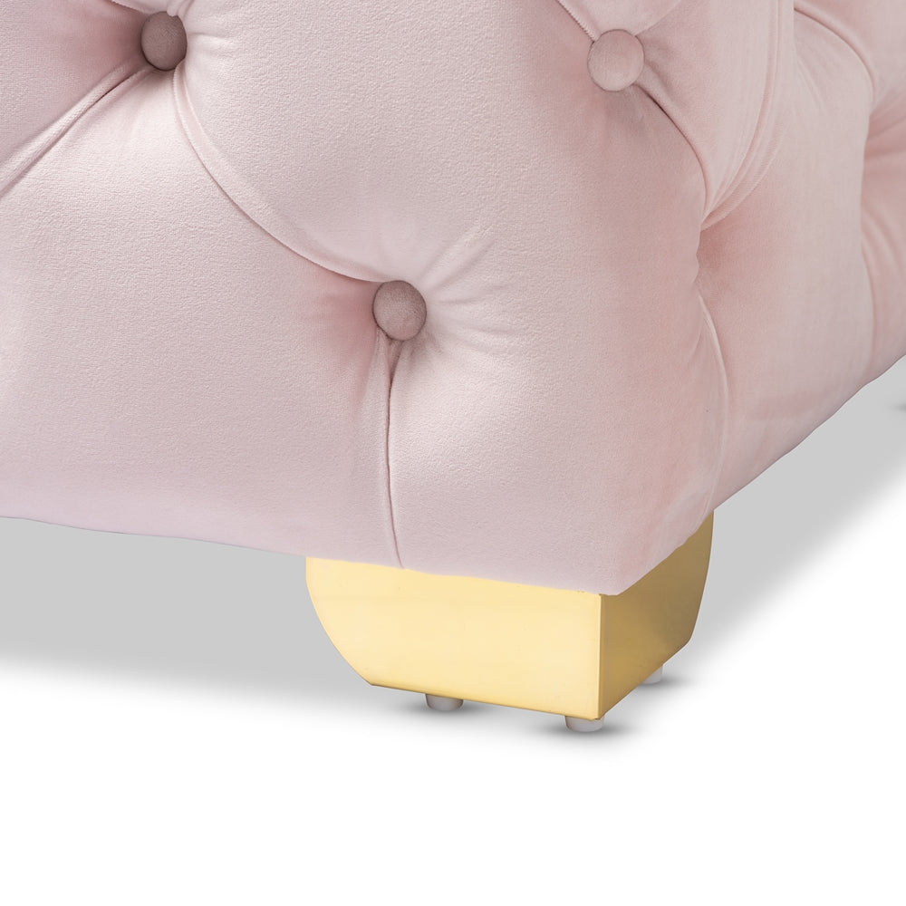 BAXTON STUDIO AVARA GLAM AND LUXE LIGHT PINK VELVET FABRIC UPHOLSTERED GOLD FINISHED BUTTON TUFTED OTTOMAN