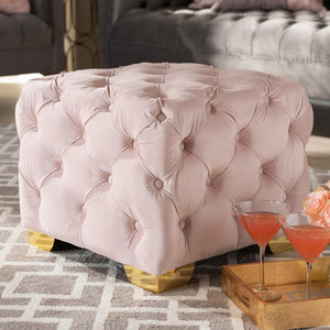 Baxton Studio Avara Glam And Luxe Light Pink Velvet Fabric Upholstered Gold Finished Button Tufted Ottoman