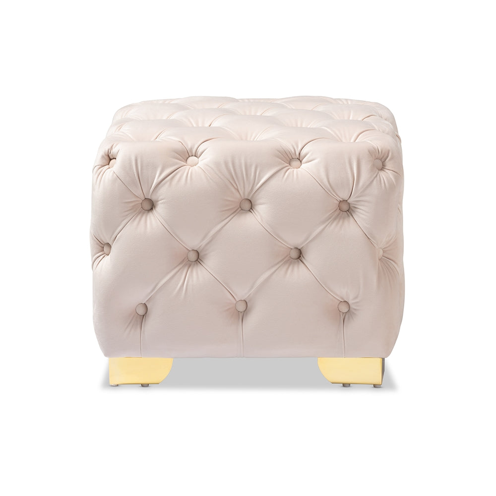 Baxton Studio Avara Glam And Luxe Light Beige Velvet Fabric Upholstered Gold Finished Button Tufted Ottoman