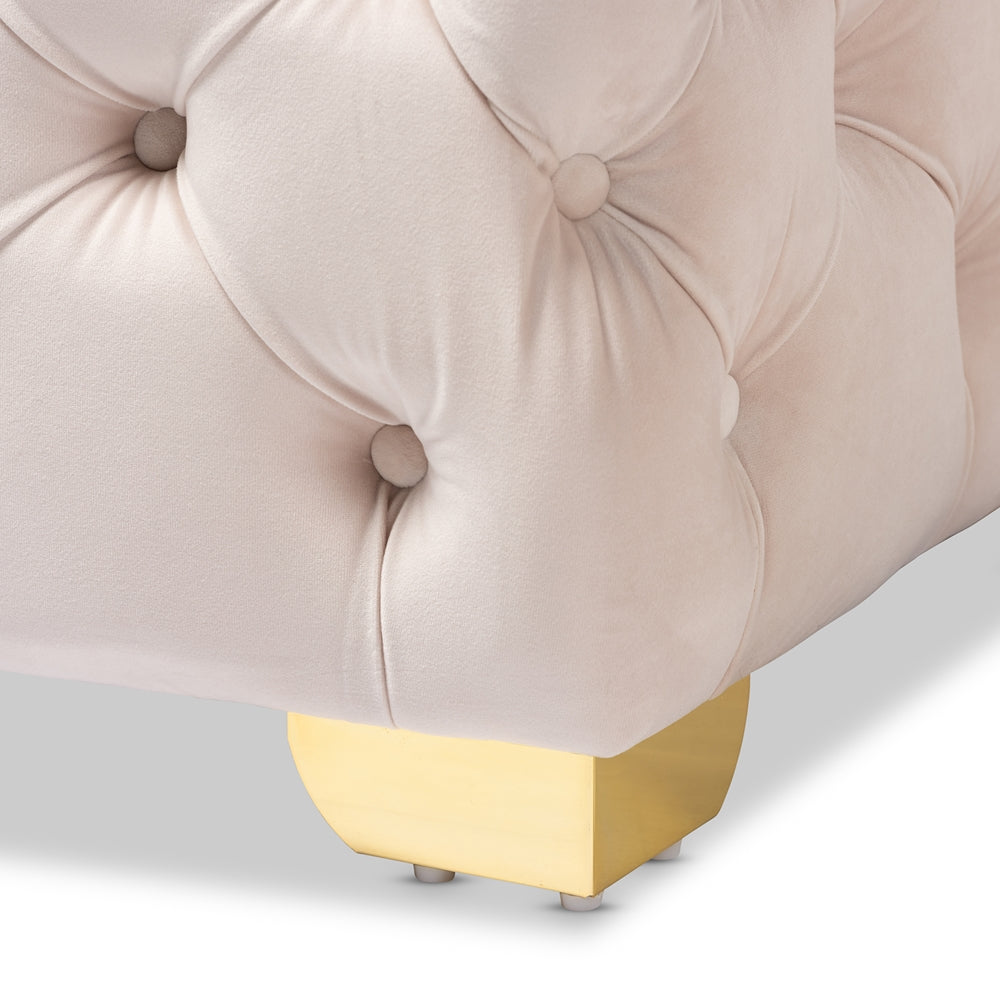 BAXTON STUDIO AVARA GLAM AND LUXE LIGHT BEIGE VELVET FABRIC UPHOLSTERED GOLD FINISHED BUTTON TUFTED OTTOMAN