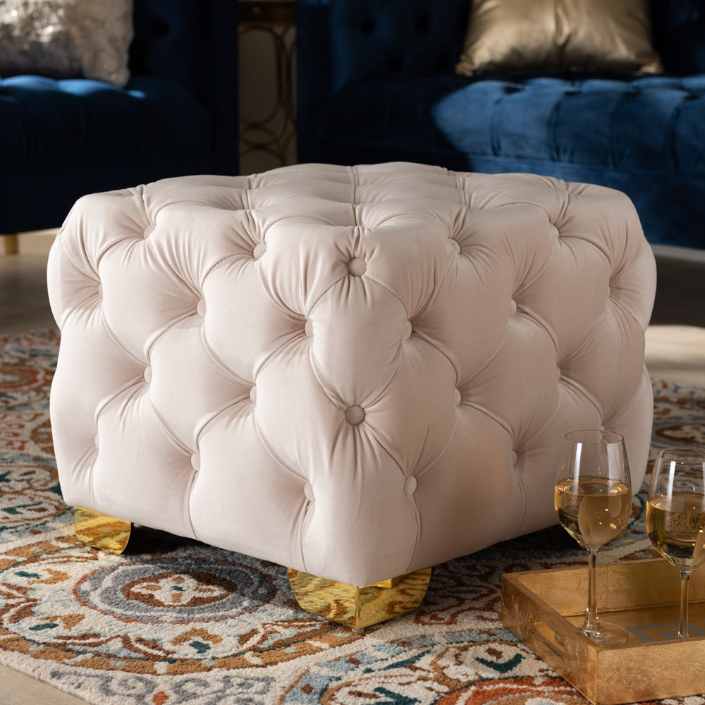 Baxton Studio Avara Glam And Luxe Light Beige Velvet Fabric Upholstered Gold Finished Button Tufted Ottoman