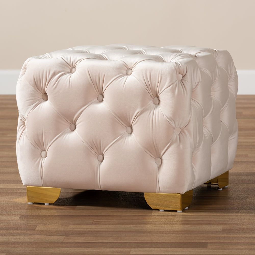 Baxton Studio Avara Glam And Luxe Light Beige Velvet Fabric Upholstered Gold Finished Button Tufted Ottoman