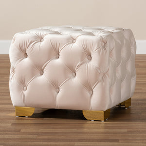 Baxton Studio Avara Glam And Luxe Light Beige Velvet Fabric Upholstered Gold Finished Button Tufted Ottoman